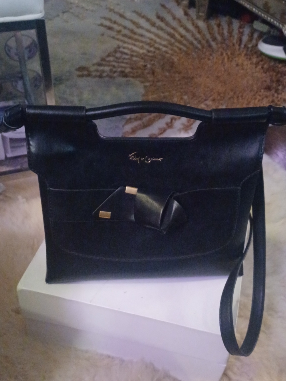 Foley + Corinna Black Faux? Leather Top Handle Bow Knot Gold Hardware Crossbody